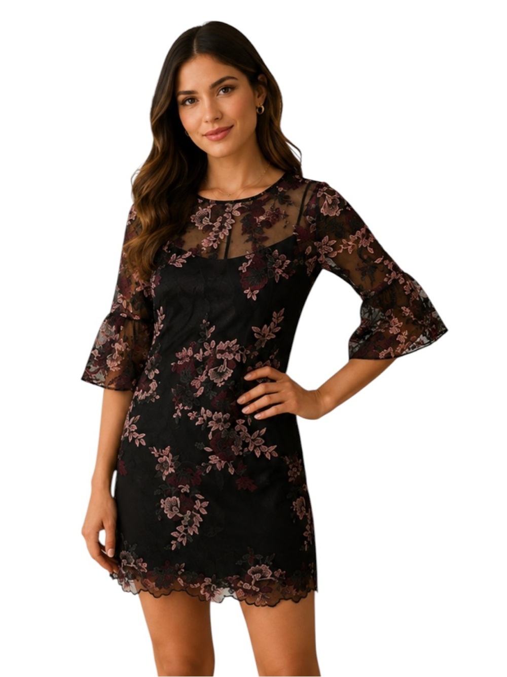 White House Black Market Floral Lace Dress Black Burgundy 4P Petite